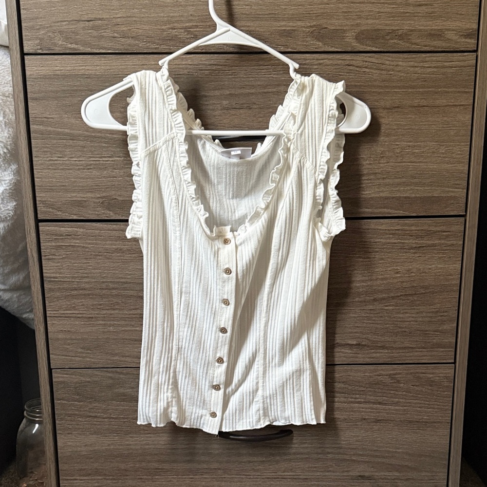 Shyanne White Ruffle Button-Down Blouse